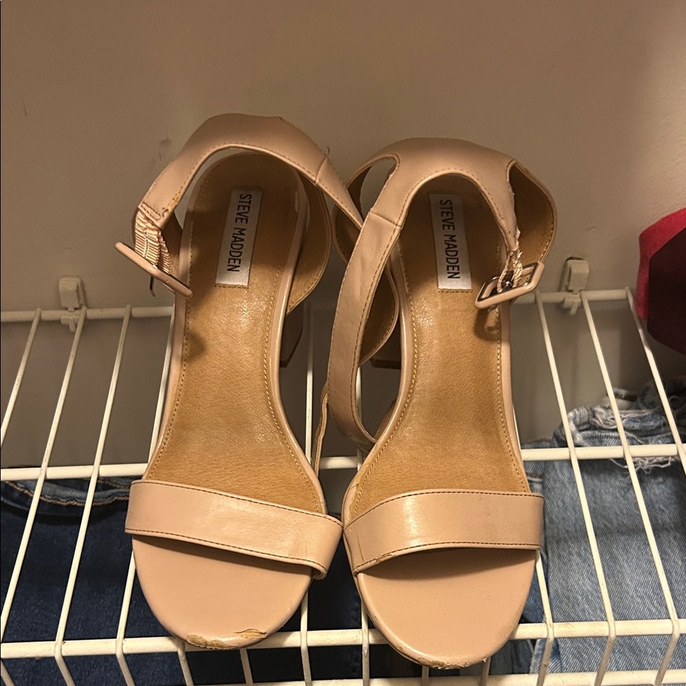 Steve Madden Nude Heeled Sandals - Block Heel Ankle Strap - Size 8.5